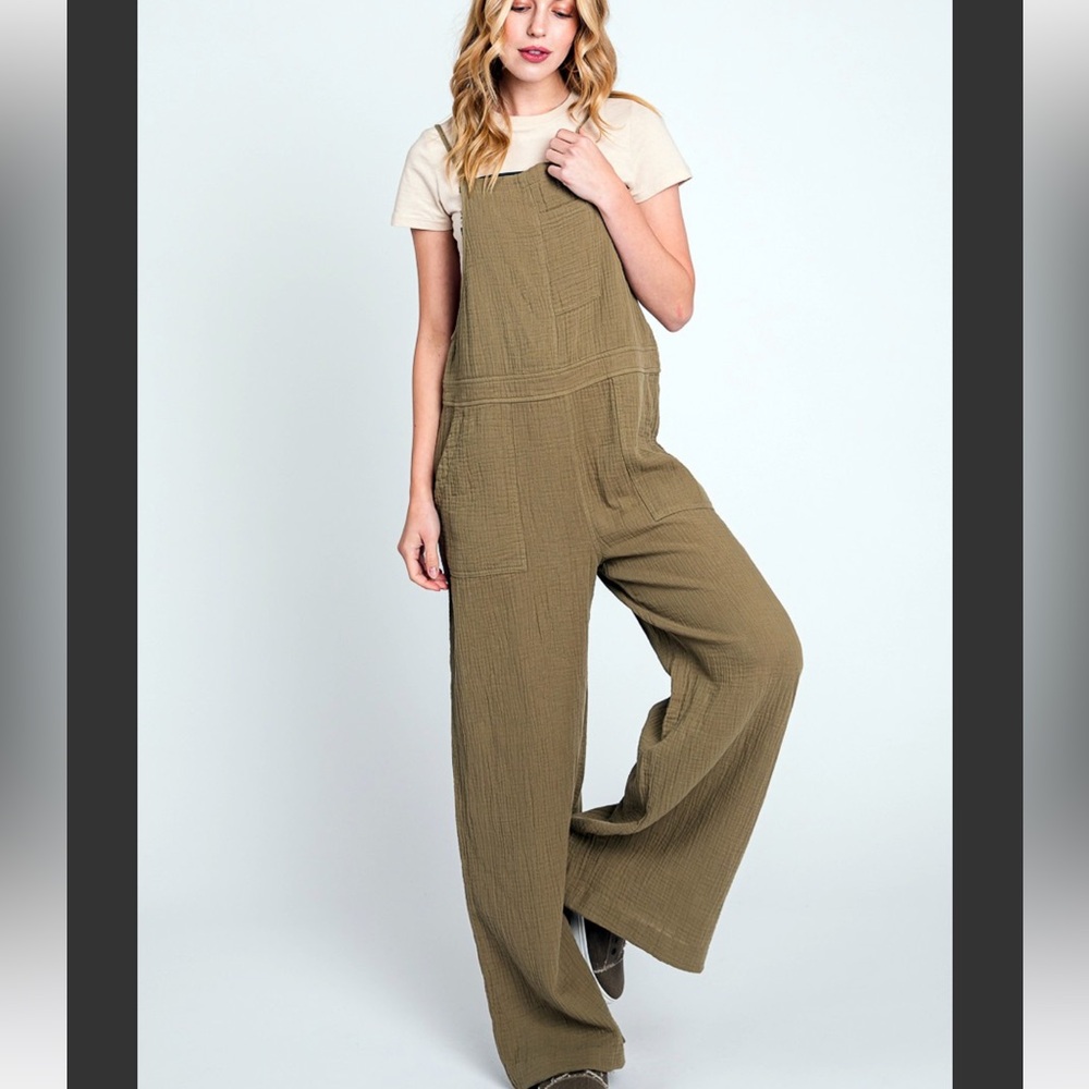 Elleborn Boutique Olive Green Wide-Leg Muslin Cotton Overalls S